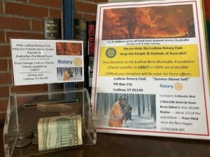 Ludlow Rotary donation box for wildfire relief at Fletcher Memorial Library