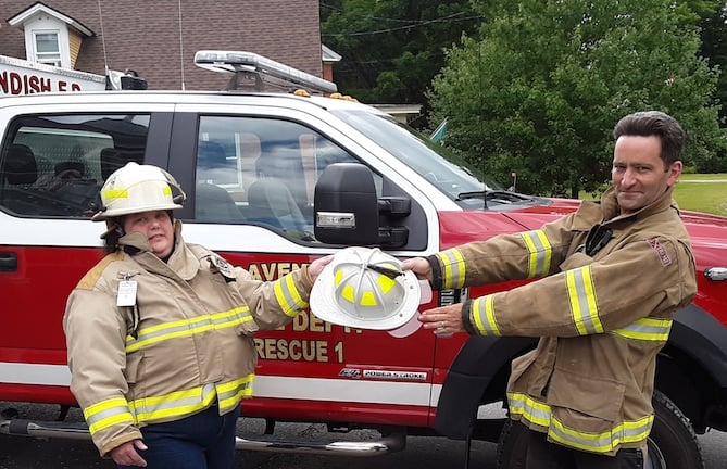 New Cavendish Fire Chief Rebecca Nareau (left) takes over leadership from acting Fire Chief Abe Gross (right).
