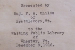 Presentation label from Maj Childs to Whiting Library.