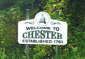 Welcome to Chester, Established 1766, white sign.