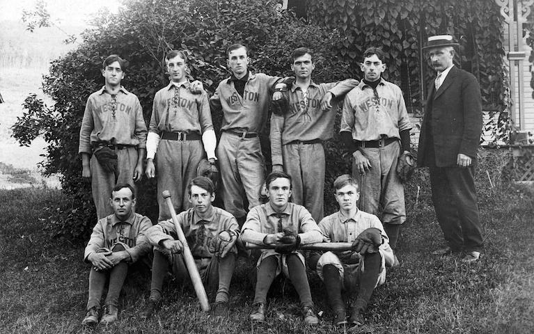 Weston baseball team circa 1902. Gale stands next to the man with straw hat.