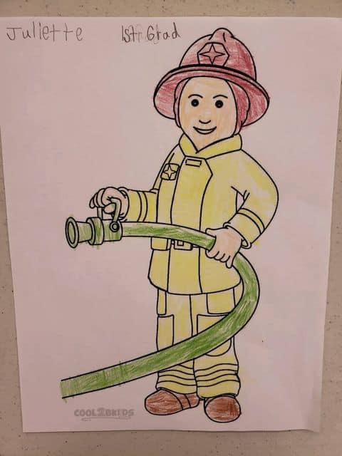 Colored image of a fireman with a hose by Juliette