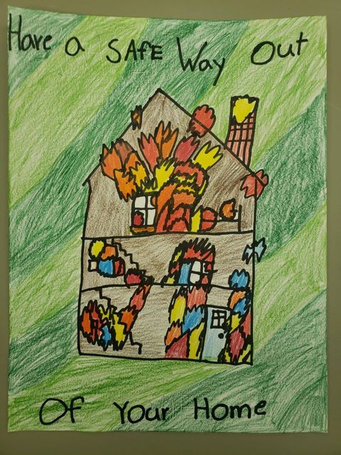"Have a safe way out of your home," a hand drawn image of a house on fire with a green background by Oliviah E