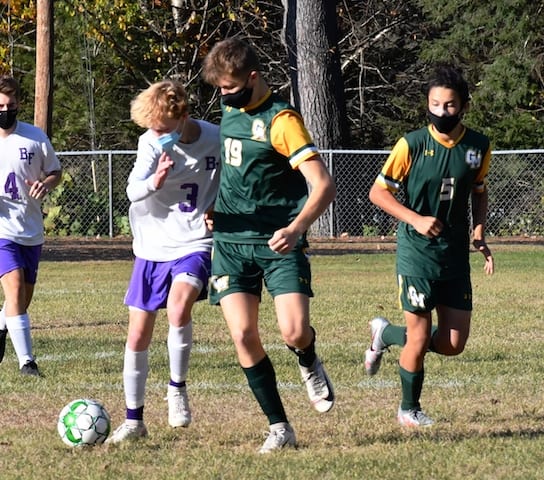 The Green Mountain Chieftain Boys are seeded number three in the Vermont State Division III Soccer Tournament. Jack Boyle (19) and Elias Stowell-Aleman (5) keep their eye along with Bellows Falls Jamison Nystrom on the ball. The Chieftains swept the Terriers this season 4-1 and 5-0.