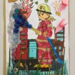 Colored image of a fire woman putting out a fire with a hose with water made out of blue stones. Leaves, grass, and other items are included. Art by Zoey B.