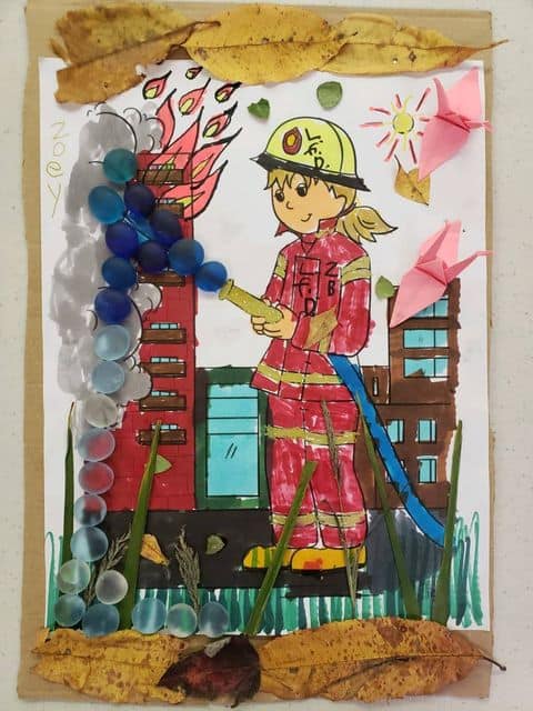 Colored image of a fire woman putting out a fire with a hose with water made out of blue stones. Leaves, grass, and other items are included. Art by Zoey B.