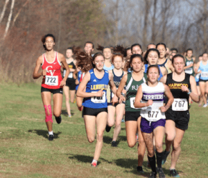 Abby Broadley looks at home out in front of the pack of runners from the start of the field at the Vermont State Meet of Cross Country Champions.