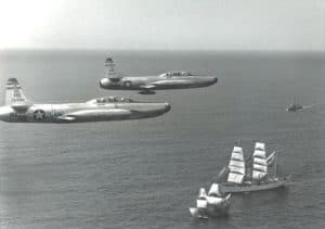 U.S. Coast Guard Barque Eagle greeting the Mayflower II. Photo by 104th Fighter Group, Massachusetts Air National Guard.