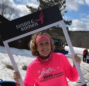 Jessi Dussault of Alstead, N.H., a 2020 snowshoer, is looking forward to taking part in a 2021 Komen Virtual Snowshoe event.