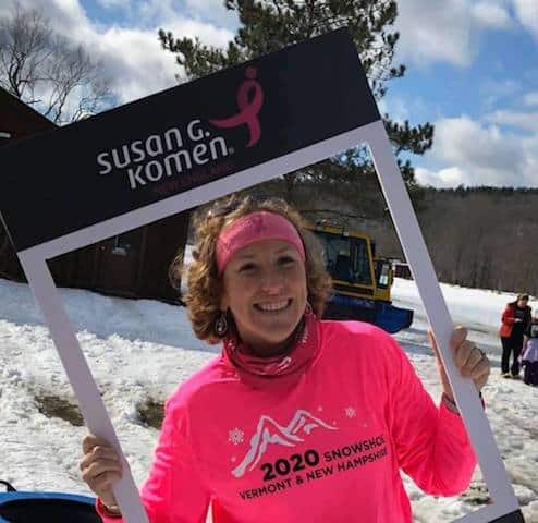 Jessi Dussault of Alstead, N.H., a 2020 snowshoer, is looking forward to taking part in a 2021 Komen Virtual Snowshoe event.