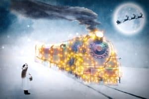 Christmas Eve train and little girl with Santa's sleigh over a full moon