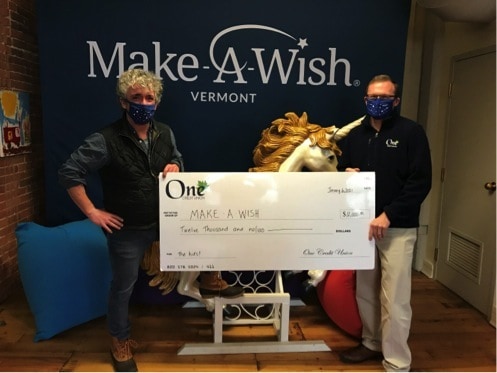 Make-A-Wish Vermont President & CEO Jamie Hathaway and One Credit Union Retail Manager Kevin De Rosa