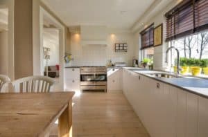 white cabinet, light hardwood flooring in kitchen