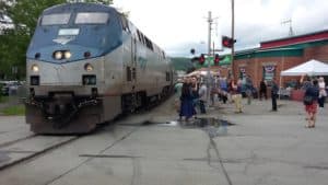 Amtrak’s southbound Vermonter arriving in Bellows Falls for the first time since its suspension due to the pandemic in March 2020