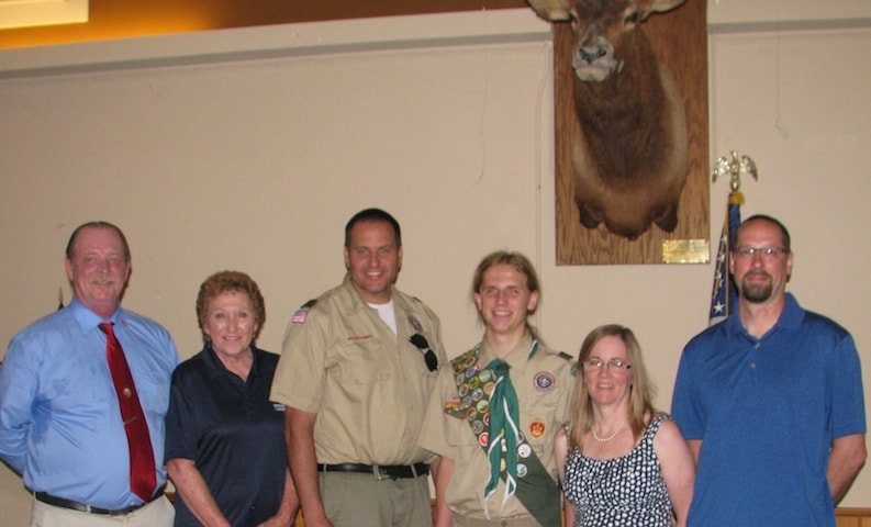 Vermont Elks Vice President Jim Kirkwood, Exalted Ruler Carolee Murchie, Scoutmaster Mathew Burlew, Eagle Scout Austin Laplant and parents Jason and Heidi Laplant.
