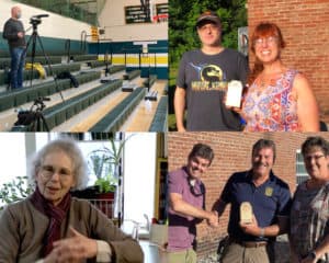 Norm Merrill behind the camera at a GMUHS basketball game; Cavendish librarian Kata Welch with OVTV production coordinator Eric Chatterjee; Wendy Regier, recording an introduction for “The People Speak”; Rotarians Kevin Barnes and Kimberly Lampert with OVTV’s Patrick Cody.