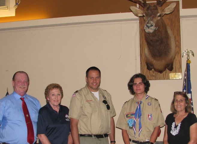Vermont Elks Vice President Jim Kirkwood, Exalted Ruler Carolee Murchie, Scoutmaster Mathew Burlew, Eagle Scout Graefin Anderson and mom Tara Verheide.