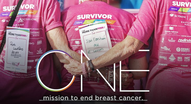 Three women in pink t-shirts, standing with their backs to the camera. Names of breast cancer survivors written on their backs. White text over image: One mission to end breast cancer. 