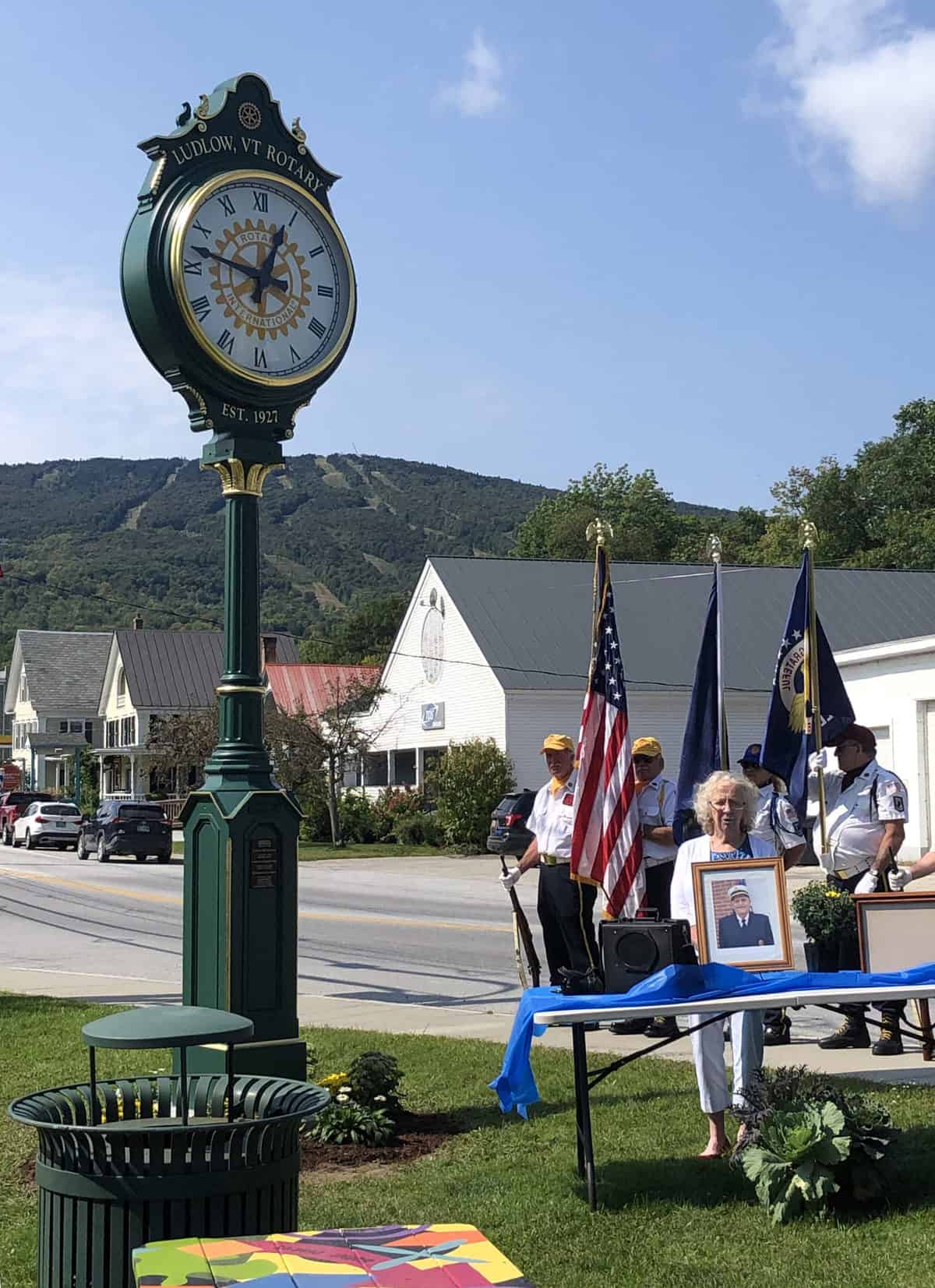 The Ludlow Rotary unveiled a free-standing towering clock on the corner of Elm and Main streets Tuesday, Sept. 14, dedicated to longtime resident and Rotarian Bob Kirkbride. Photo by Sharon Huntley