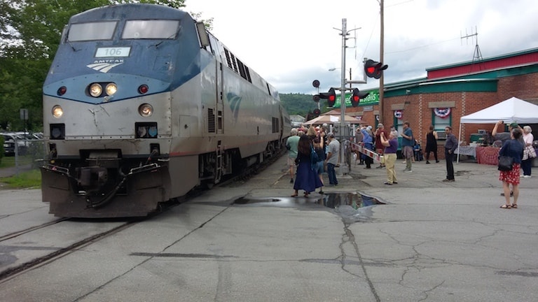 Amtrak’s southbound Vermonter arriving in Bellows Falls for the first time since its suspension due to the pandemic in March 2020