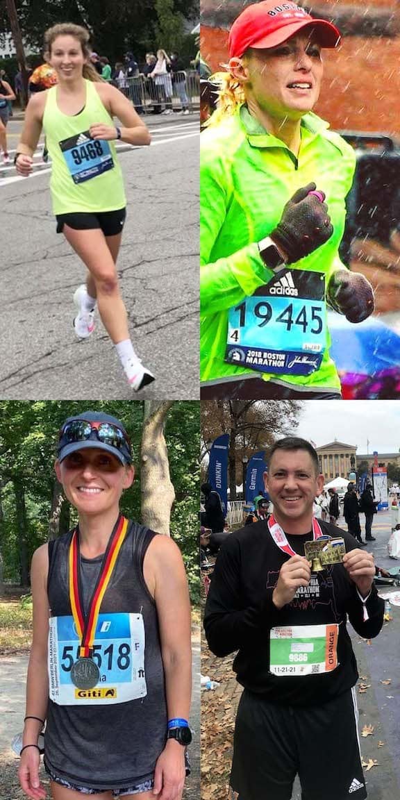 From top left: Brandy White at Boston Marathon, Crystal Morey at Boston Marathon, Yula Moskvina at Berlin Germany Marathon, and Pete Peck at Phildelphia Marathon