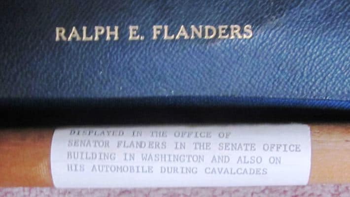 Top is R.E. Flanders' leather case. Bottom typewritten label on flagpole. Photo by Ron Patch